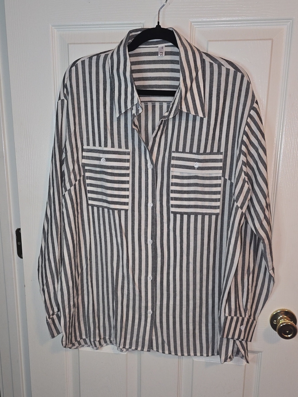 Relaxed Black & White Vertical Stripe Button-Down Shirt